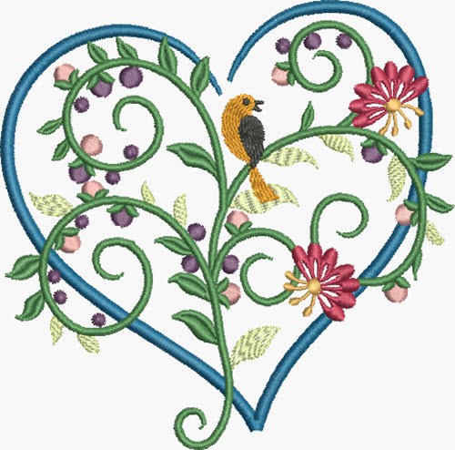Blue Floral Heart Machine Embroidery Design