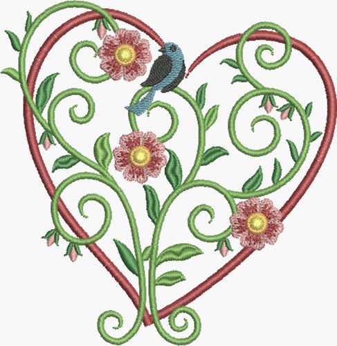 Bluebird Floral Heart Machine Embroidery Design