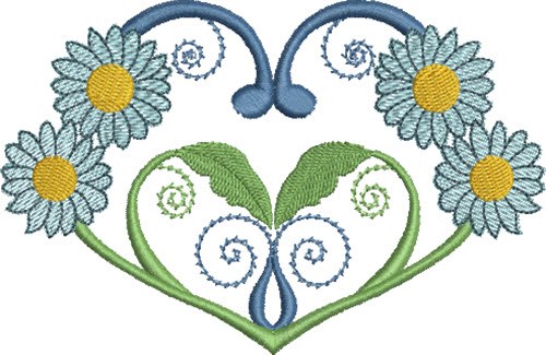 Blue Daisies & Hearts Machine Embroidery Design