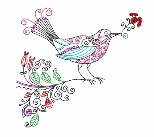 Floral Embellished Bird Machine Embroidery Design