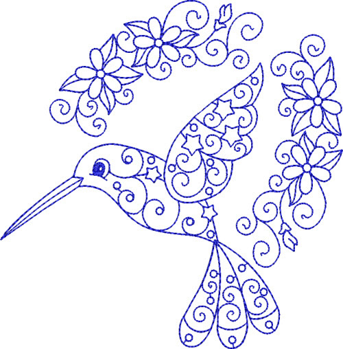 Hummingbird Bluework Machine Embroidery Design