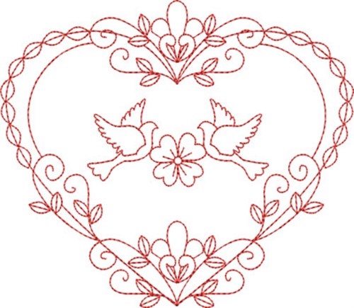 Redwork Doves Heart Machine Embroidery Design