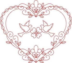 Picture of Redwork Doves Heart Machine Embroidery Design