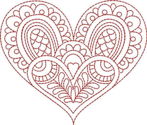 Redwork Floral Heart Machine Embroidery Design