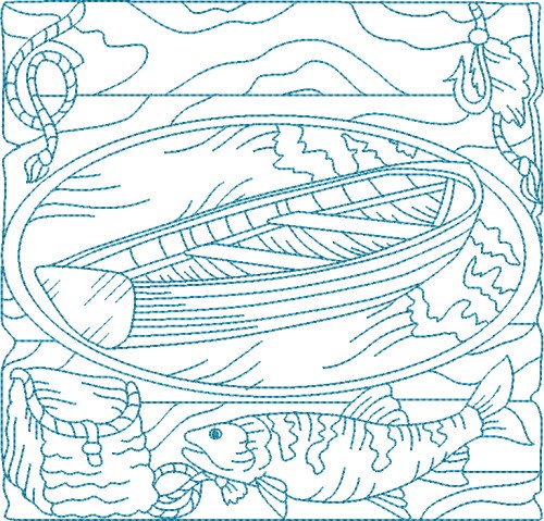 Bluework Fishing Boat Machine Embroidery Design