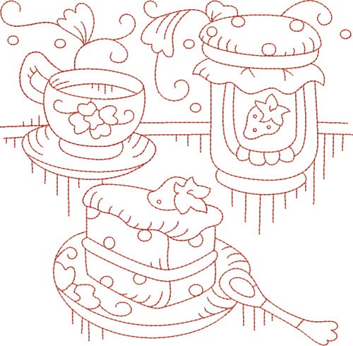 Redwork Teapot & Cake Machine Embroidery Design