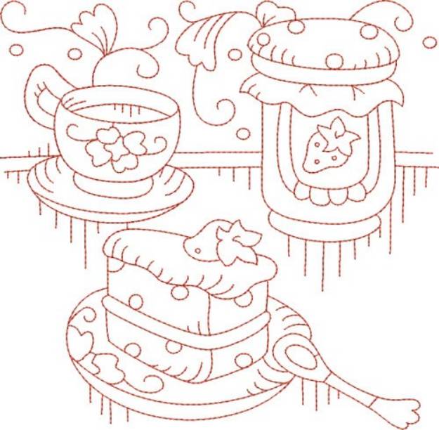 Picture of Redwork Teapot & Cake Machine Embroidery Design