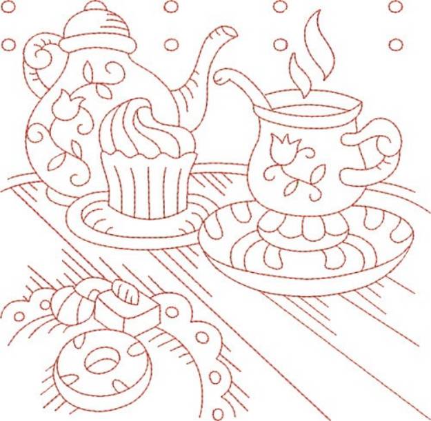 Picture of Redwork Teapot & Cup Machine Embroidery Design