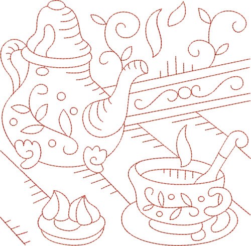 Redwork Teapot & Cup Machine Embroidery Design