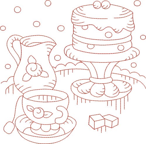 Redwork Teapot & Cake Machine Embroidery Design
