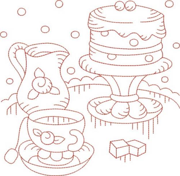 Picture of Redwork Teapot & Cake Machine Embroidery Design