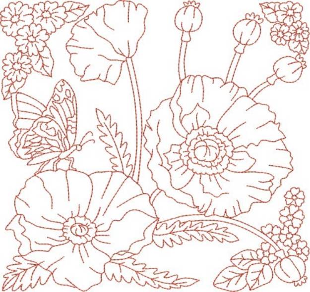 Picture of Redwork Butterfly & Flowers Machine Embroidery Design