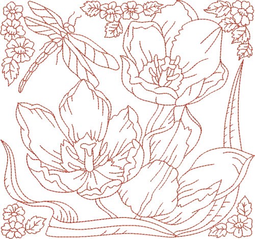 Redwork Dragonfly & Flowers Machine Embroidery Design