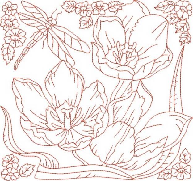 Picture of Redwork Dragonfly & Flowers Machine Embroidery Design