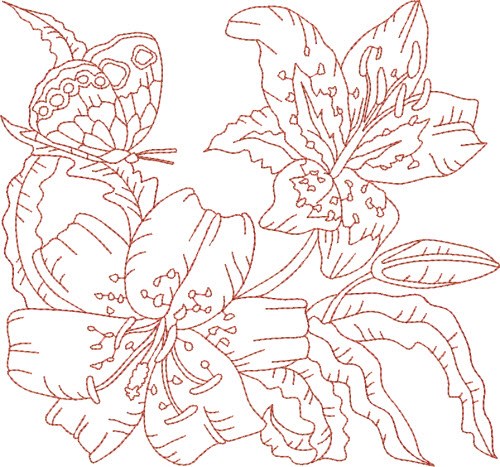 Redwork Butterfly & Flowers Machine Embroidery Design