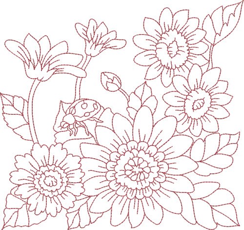 Redwork Ladybug & Flowers Machine Embroidery Design
