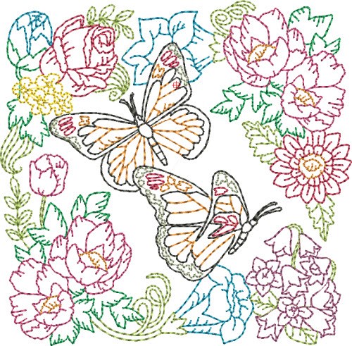 Floral Butterflies Quilt Block Machine Embroidery Design