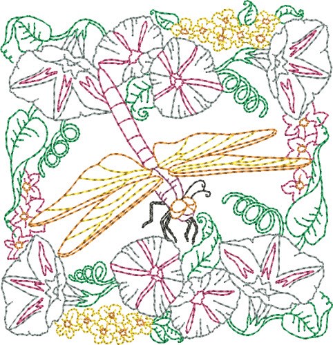 Floral Dragonfly Quilt Block Machine Embroidery Design