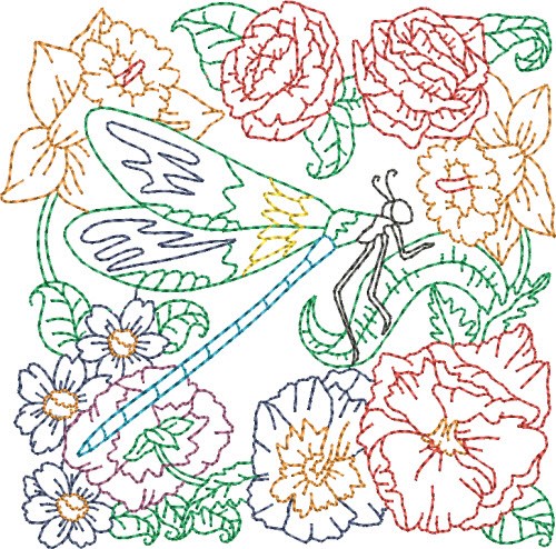 Floral Dragonfly Quilt Block Machine Embroidery Design