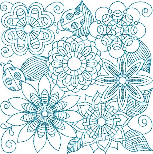 Bluework Floral Quilt Block Machine Embroidery Design