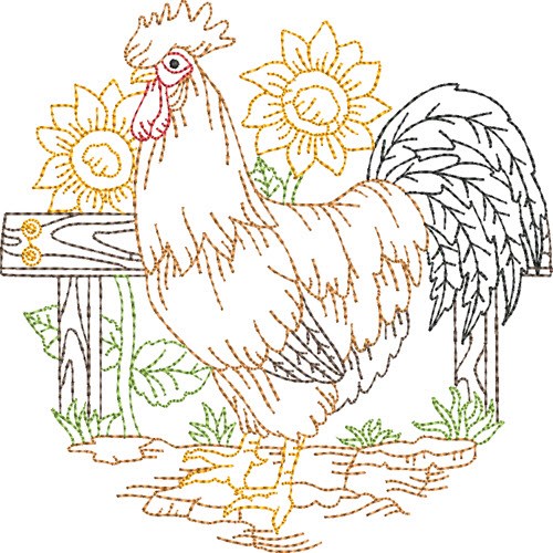 Outline Rooster Scene Machine Embroidery Design