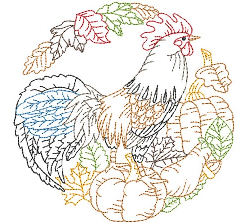 Fall Rooster Outline Scene Machine Embroidery Design