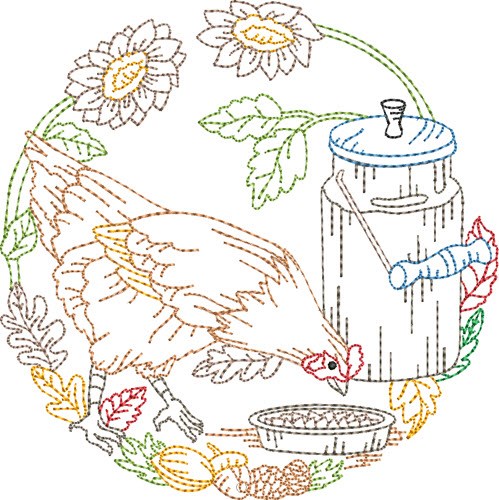 Rooster Outlined Scene Machine Embroidery Design