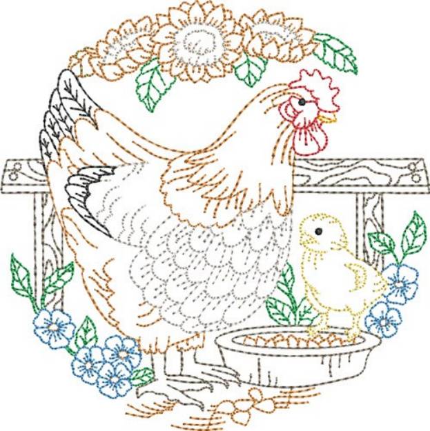 Picture of Rooster Outlined Scene Machine Embroidery Design
