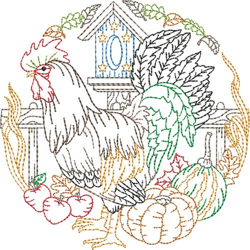 Rooster Outlined Scene Machine Embroidery Design