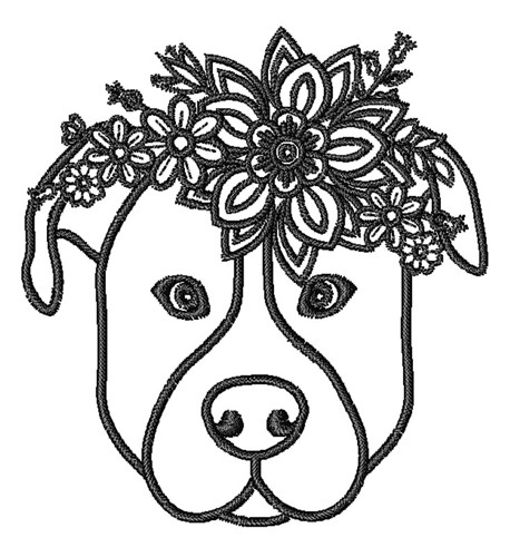 Floral Pitbull Outline Machine Embroidery Design