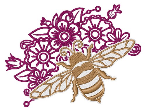 Bee & Flowers Outline Machine Embroidery Design