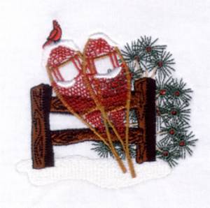 Picture of Snowshoes on Fence with Cardinal Machine Embroidery Design