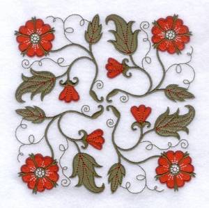 Picture of Jacobean Red Flower Square Machine Embroidery Design