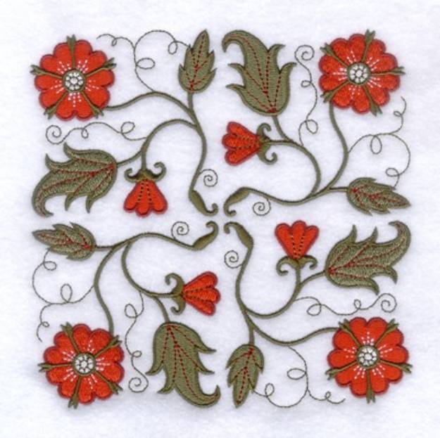 Picture of Jacobean Red Flower Square Machine Embroidery Design