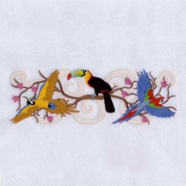 Picture of Tropical Birds on Tree Machine Embroidery Design