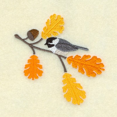 Chickadee on Oak Branch Machine Embroidery Design
