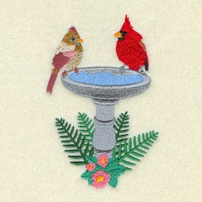 Cardinals On Birdbath Machine Embroidery Design