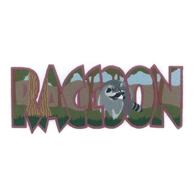 Raccoon Scene Inside Text Machine Embroidery Design