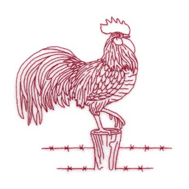 Picture of Redwork Rooster Barbed Fence Machine Embroidery Design