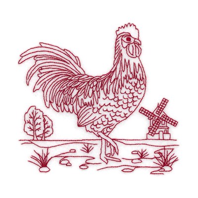 Redwork Rooster With Windmill Machine Embroidery Design