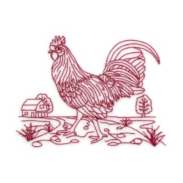 Picture of Redwork Rooster With Barn Machine Embroidery Design