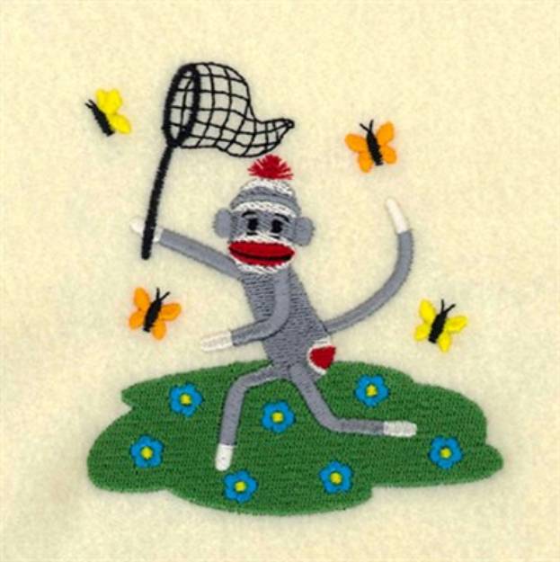 Picture of Sock Monkey Chasing Butterflies Machine Embroidery Design