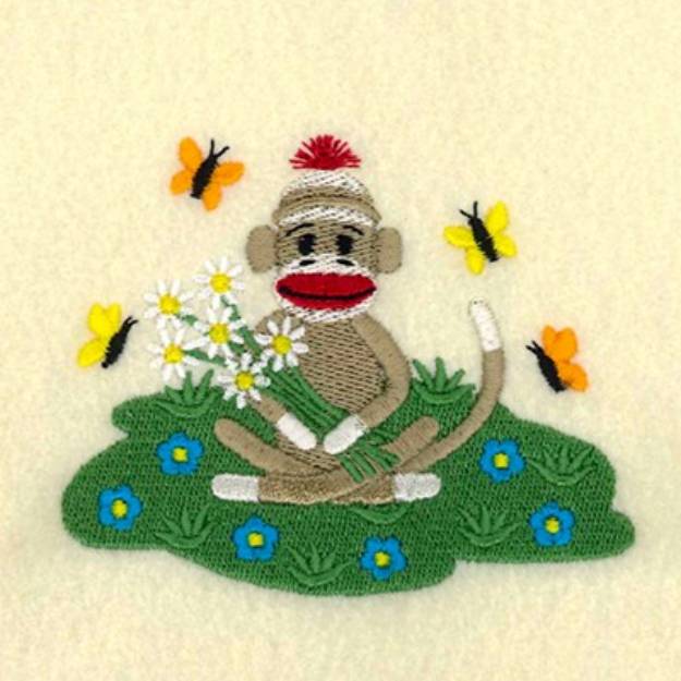 Picture of Sock Monkey Holding Flowers Machine Embroidery Design