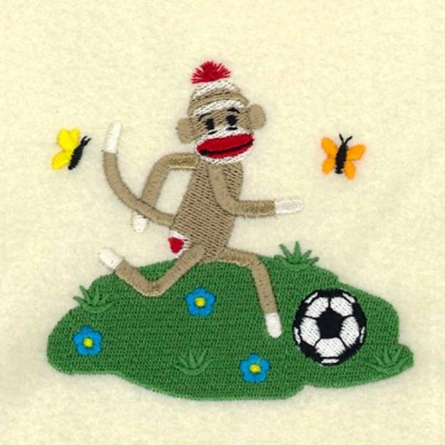 Picture of Sock Monkey Playing Soccer Machine Embroidery Design