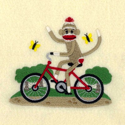 Sock Monkey Bike Riding Machine Embroidery Design