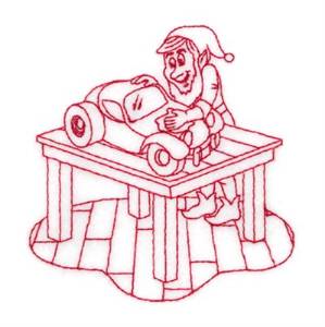 Picture of Redwork Elf With Toy Car Machine Embroidery Design