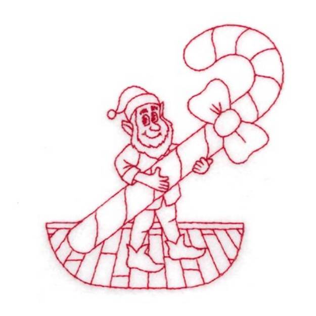 Picture of Redwork Elf With Candy Cane Machine Embroidery Design