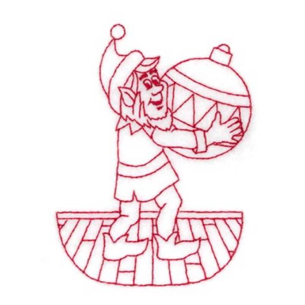 Picture of Redwork Elf With Ornament Machine Embroidery Design