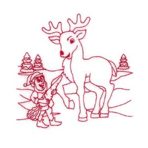 Picture of Redwork Elf Feeding Reindeer Machine Embroidery Design