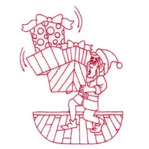 Picture of Redwork Elf With Gifts Machine Embroidery Design